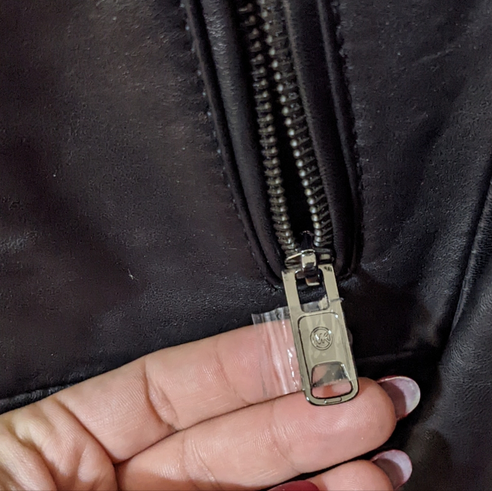 Michael Kors black moto leather jacket with knit collar. - Picture 6 of 9